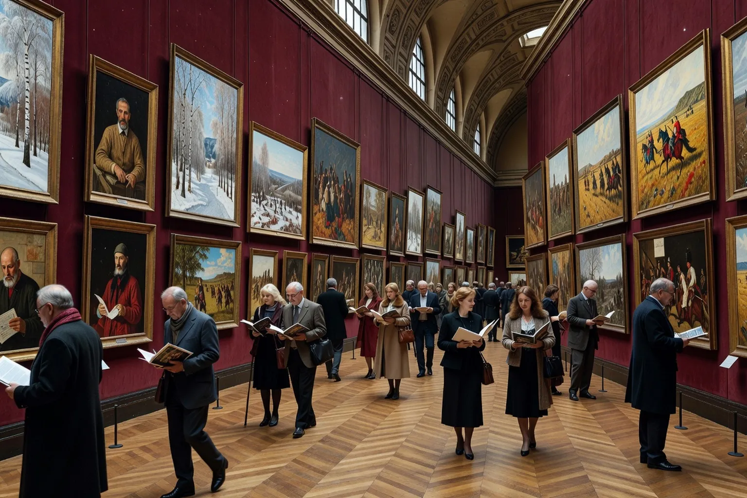 Vue d'une grande exposition de peinture russe dans une salle parisienne