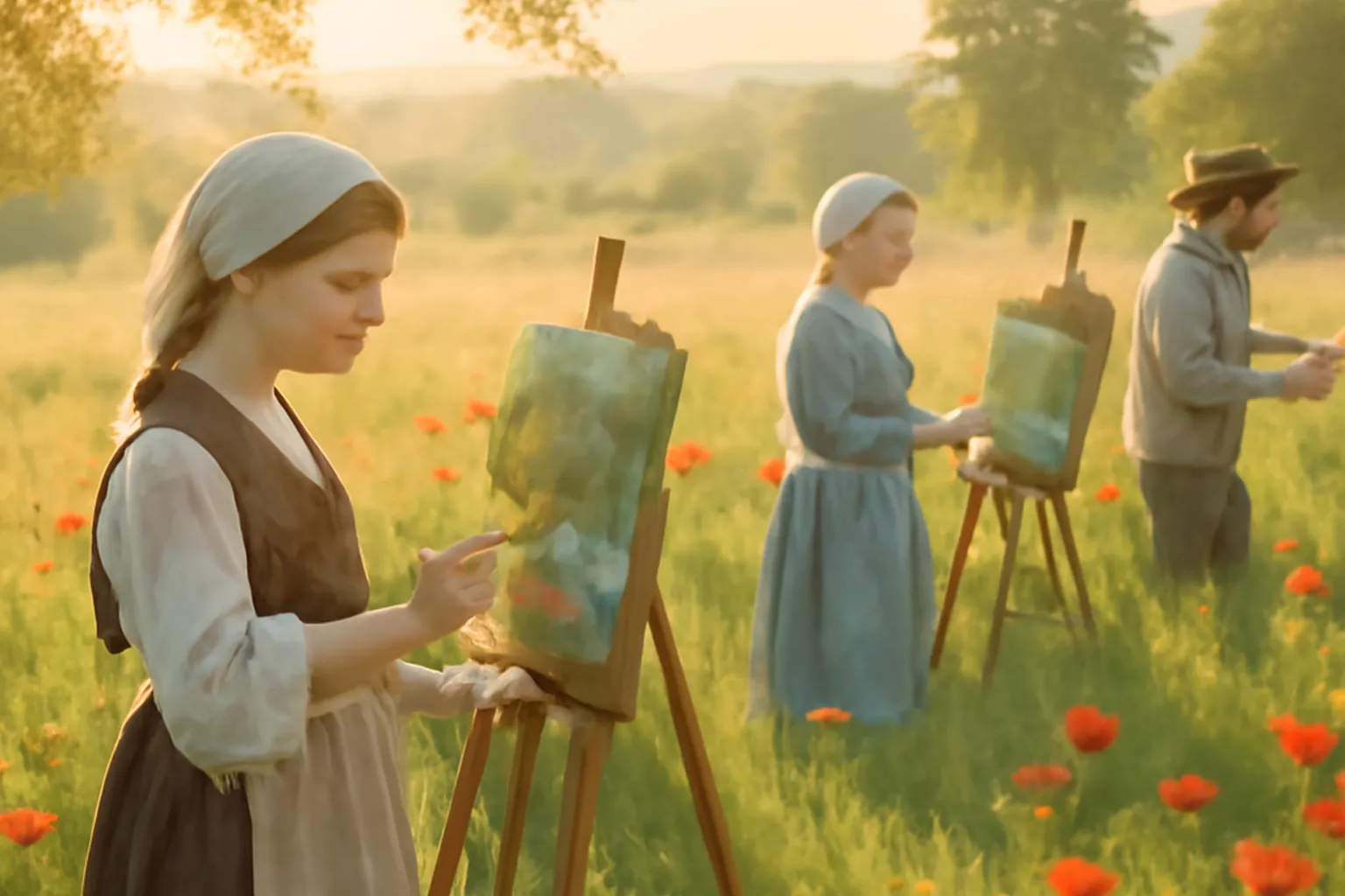 Peintre en plein air dans une vallée française, lumière d'été impressionniste