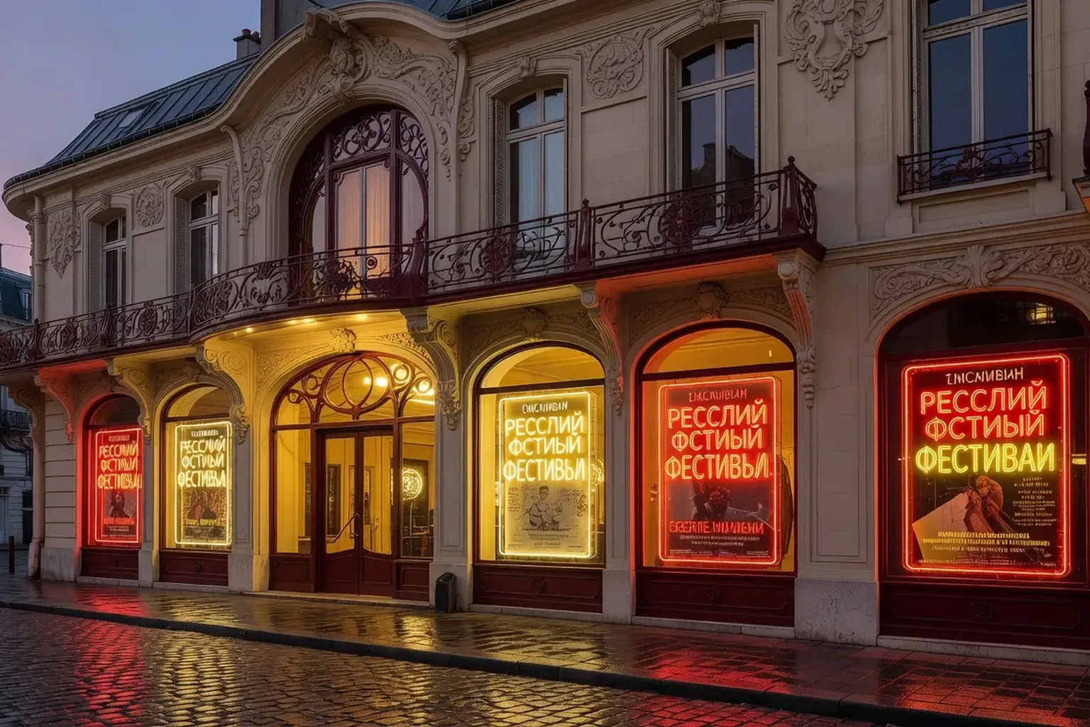 Affiches d'un festival russe sur la façade d'une salle de cinéma art et essai à Paris