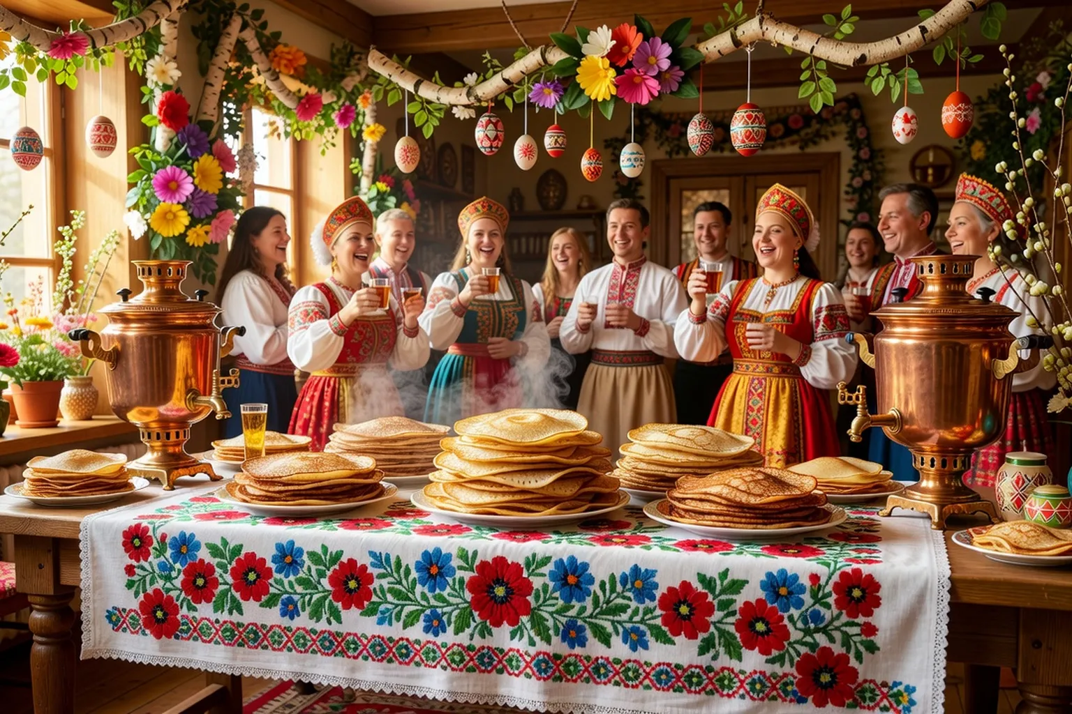 Célébration festive avec blinis dorés sur nappe brodée russe, samovars cuivrés, décorations colorées, ambiance chaleureuse et printanière
