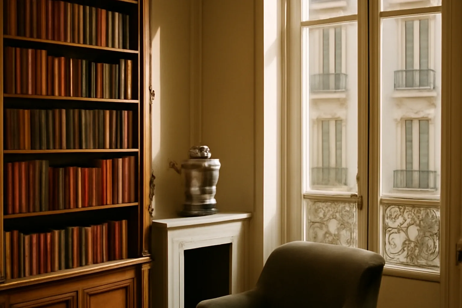 Façade néoclassique d'un lieu culturel russe à Paris, ciel crépusculaire