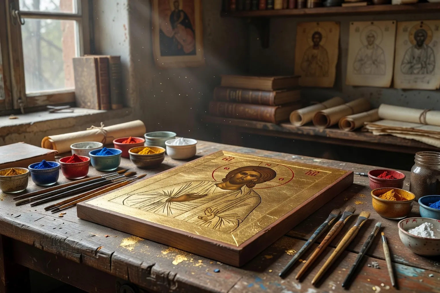 Atelier d'iconographe avec planche dorée en cours d'écriture, pinceaux fins, pots de pigments, lumière naturelle