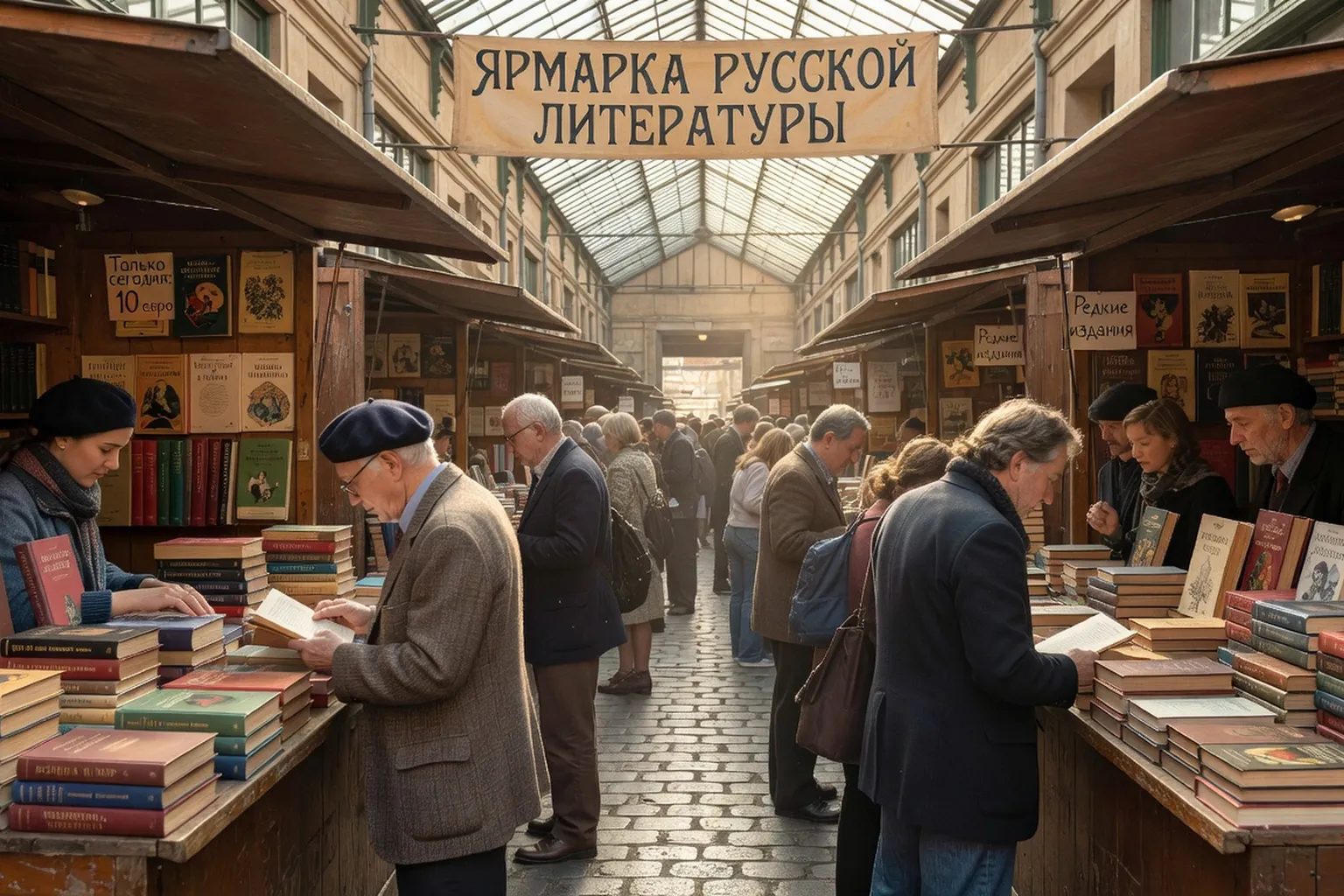 Pile de livres russes sur une table de festival littéraire, atmosphère parisienne