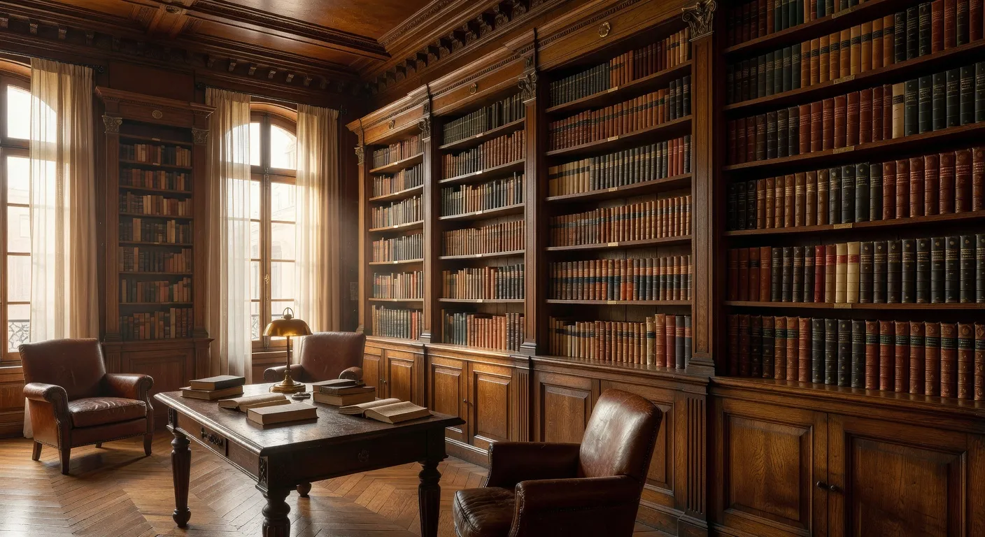 Rayonnages de livres russes en français dans une bibliothèque parisienne, ambiance éditoriale