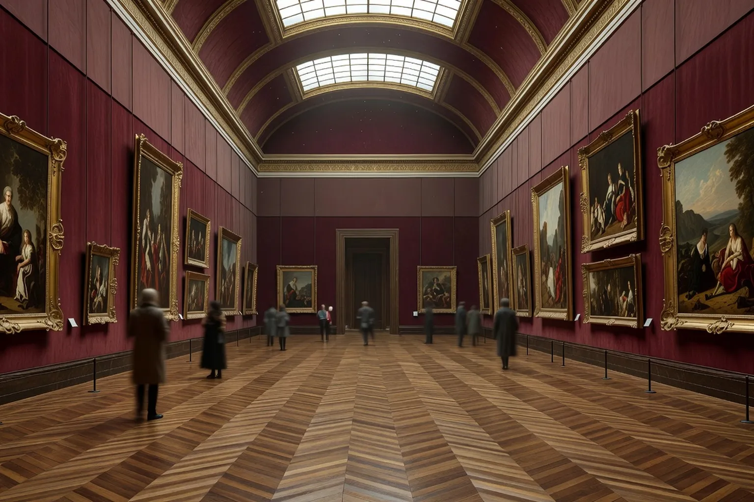 Grande salle de musée parisien avec cimaises bordeaux, tableaux encadrés dorés, parquet en point de Hongrie