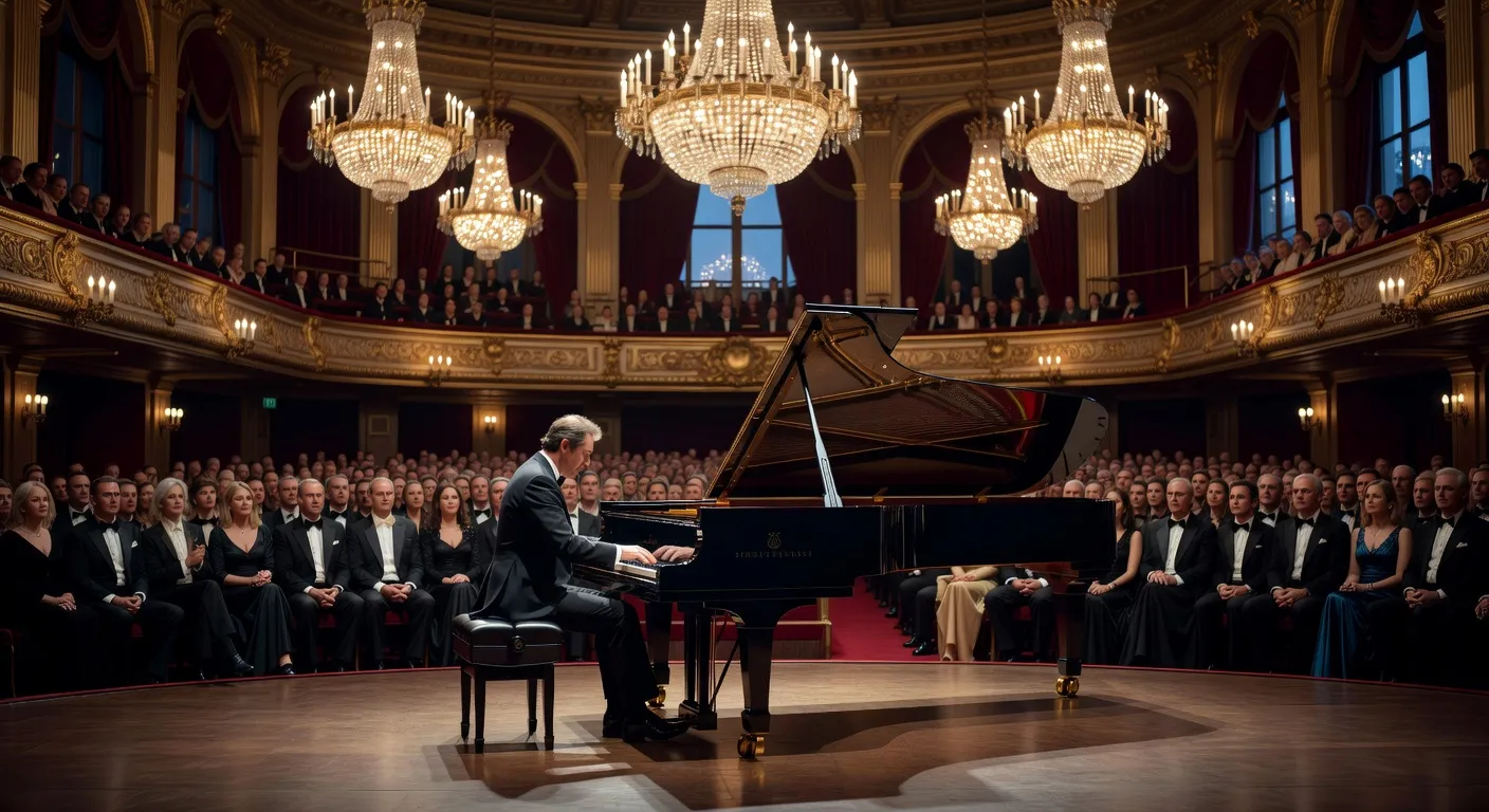 Concert de musique classique russe dans une grande salle parisienne, lumière dorée de scène