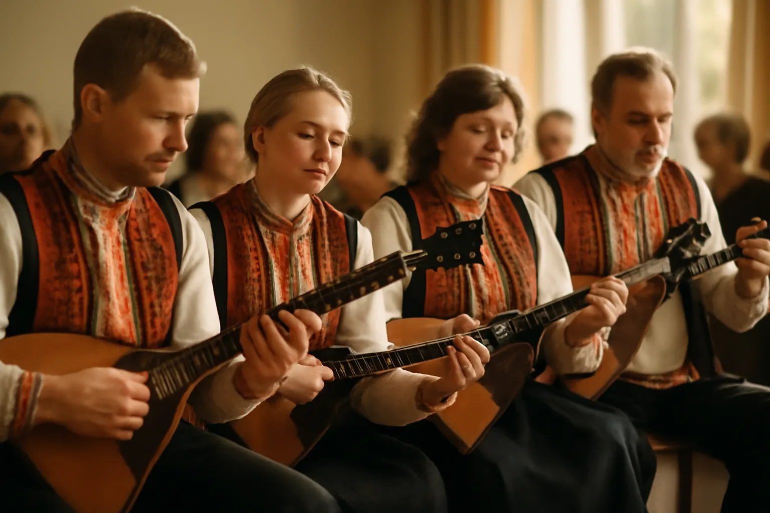 Ensemble de musiciens russes jouant de la balalaïka lors d'un concert associatif en France, ambiance chaleureuse