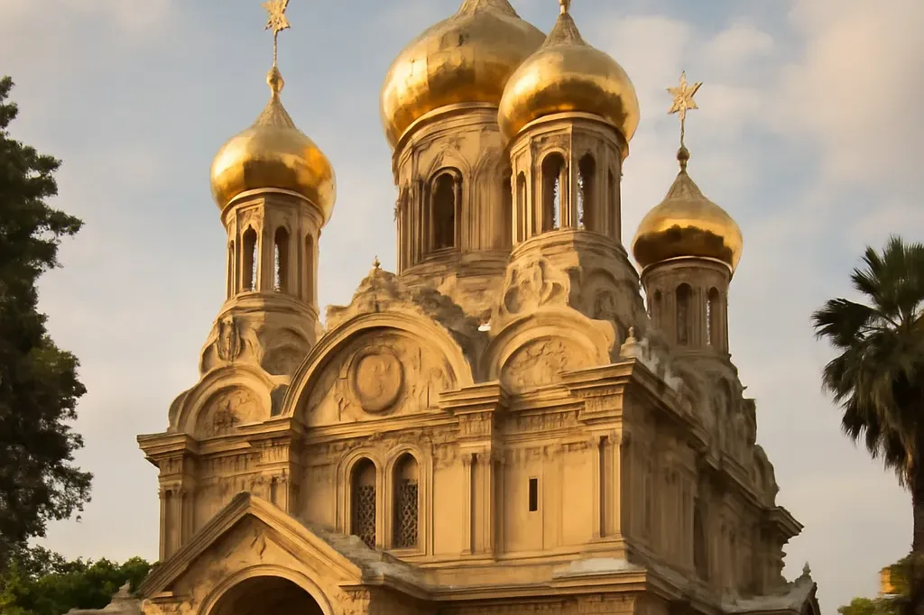 Extérieur d'une cathédrale orthodoxe russe en France, coupoles dorées, style byzantin