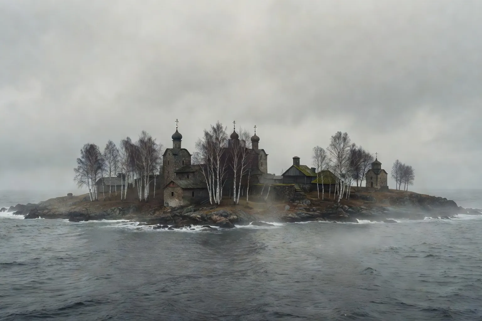 Monastère orthodoxe russe au bord de la mer Blanche, brume