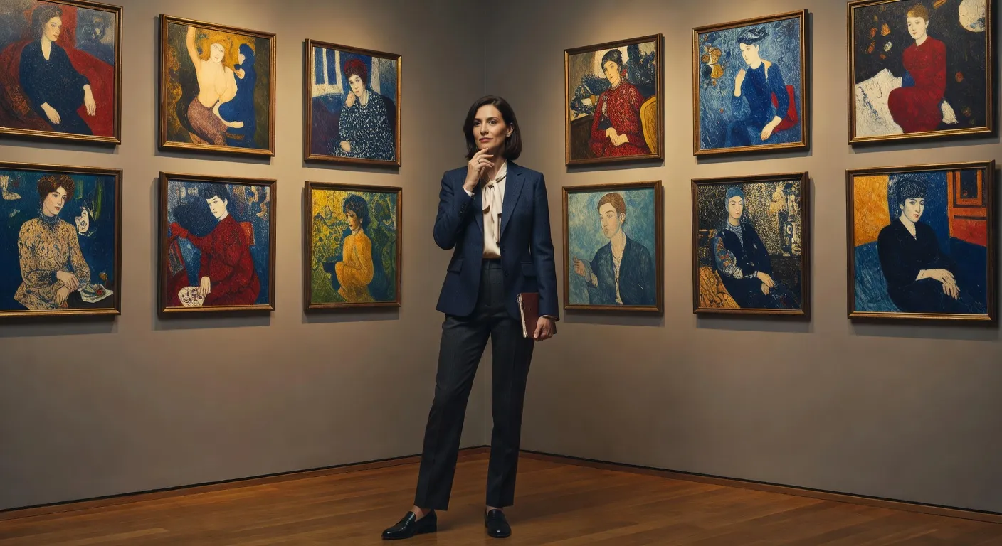 Portrait éditorial d'une historienne de l'art devant des toiles de maîtres russes dans une galerie parisienne