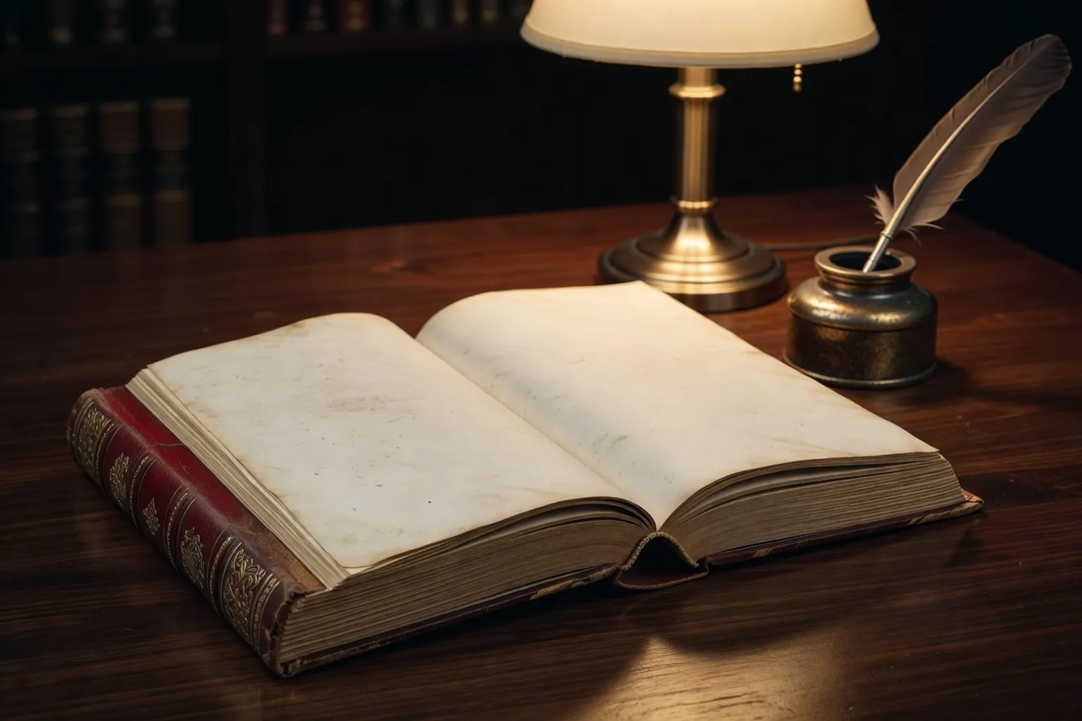 Recueil ouvert de poésie russe sur table en bois sombre, plume et encrier, lumière douce de bibliothèque