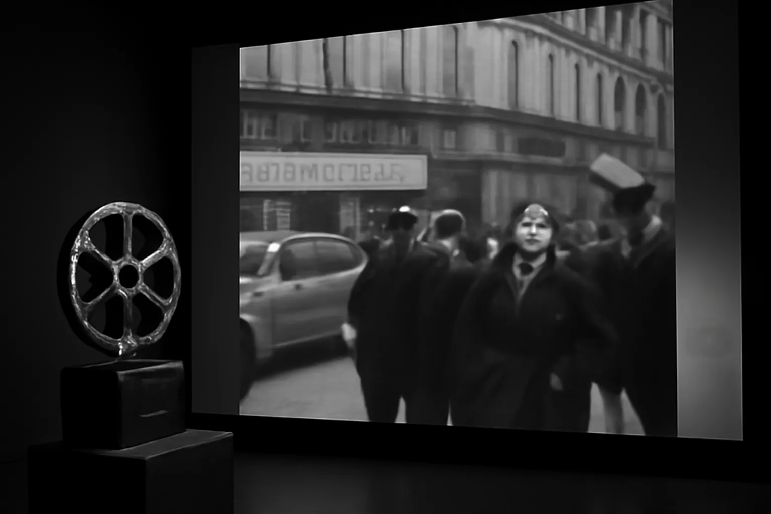 Installation multimédia à Paris, photos d'archives et lumière tamisée