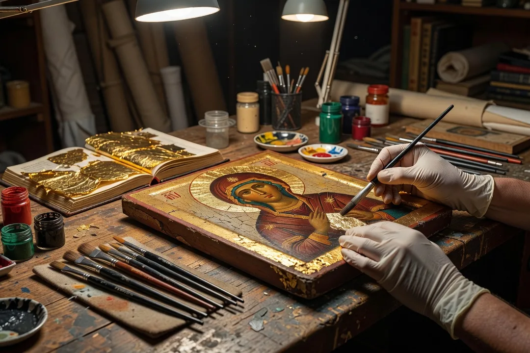 Atelier de restauration d'icone russe avec pinceaux fins et feuille d'or sur etabli