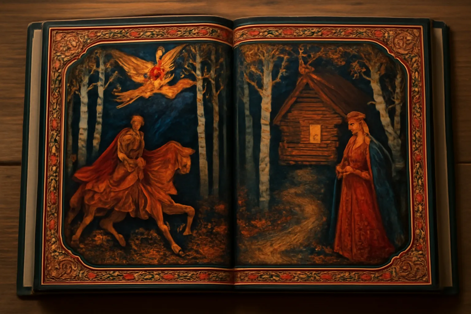 Открытая иллюстрированная книга русских сказок, красочная иллюстрация в стиле Билибина, теплая атмосфера вечернего чтения