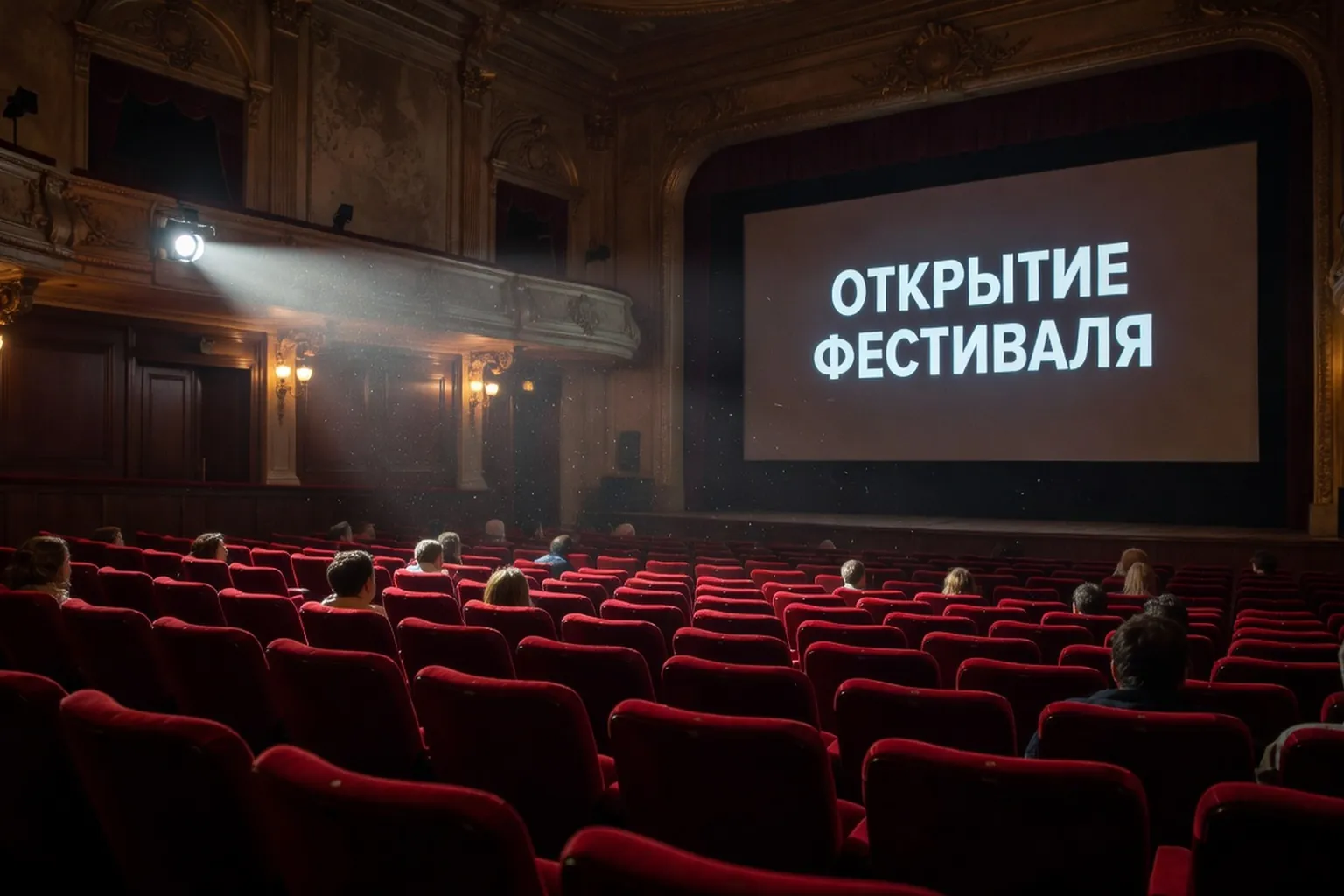 Афиши российских фильмов у входа в парижский кинотеатр, вечернее освещение