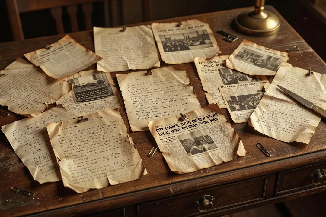 Vieilles pages de journaux et manuscrits dactylographies empiles, archives de presse emigree