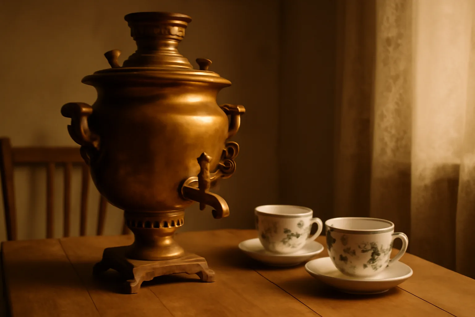 Samovar russe ancien en cuivre pose sur une table avec tasses de the traditionnelles