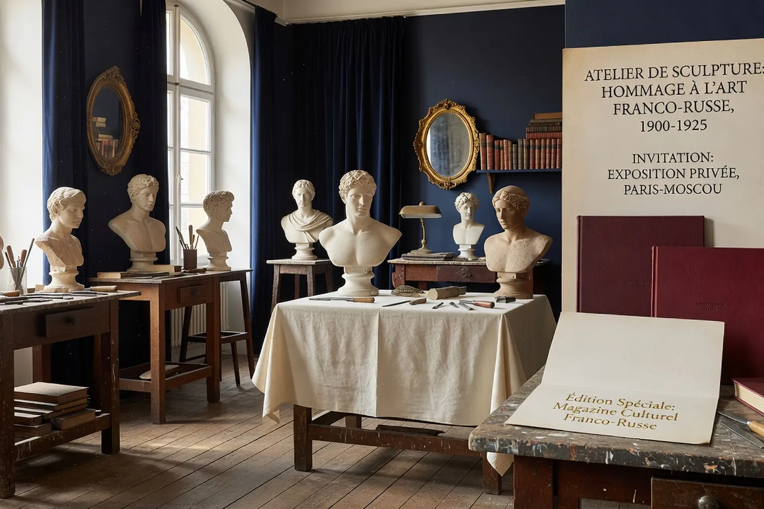 Atelier de sculpteur avec bustes en plâtre et outils, lumière naturelle, ambiance début XXe siècle réinterprétée