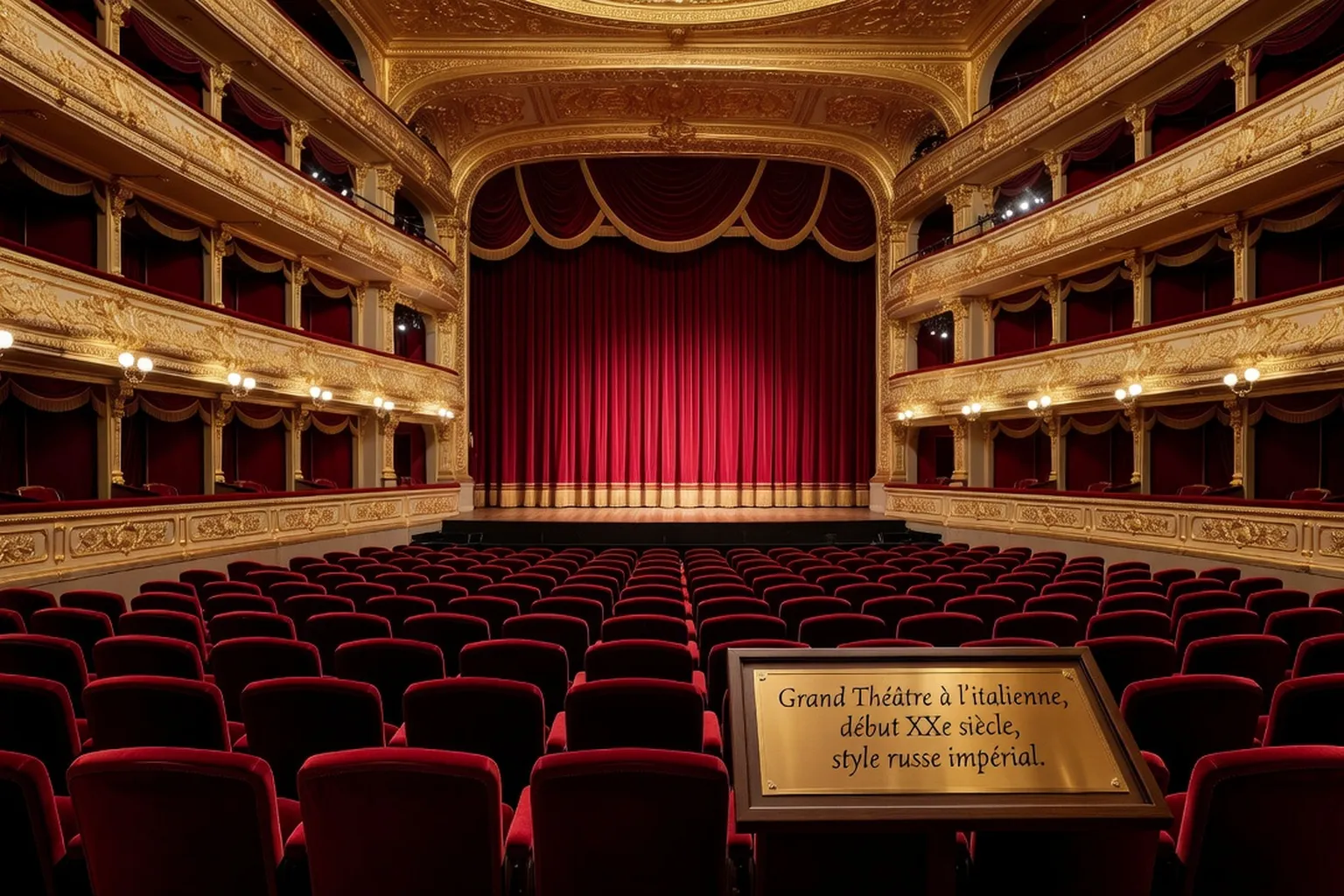 Grand théâtre à l'italienne avec scène éclairée, fauteuils rouge bordeaux, esthétique russe début XXe siècle