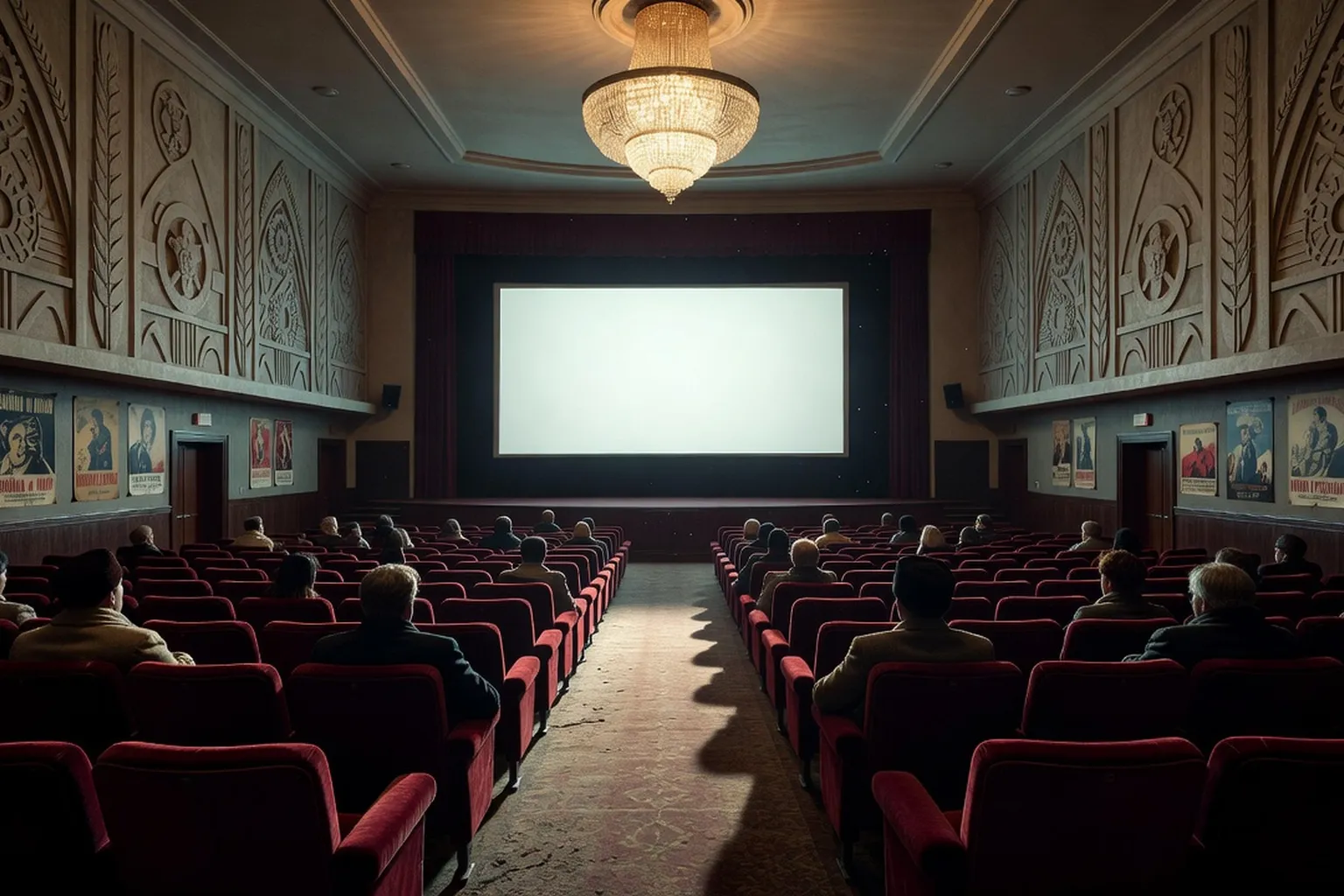 Salle de cinéma vintage années 1960, fauteuils rouge bordeaux, écran lumineux, silhouettes de spectateurs, esthétique soviétique art déco