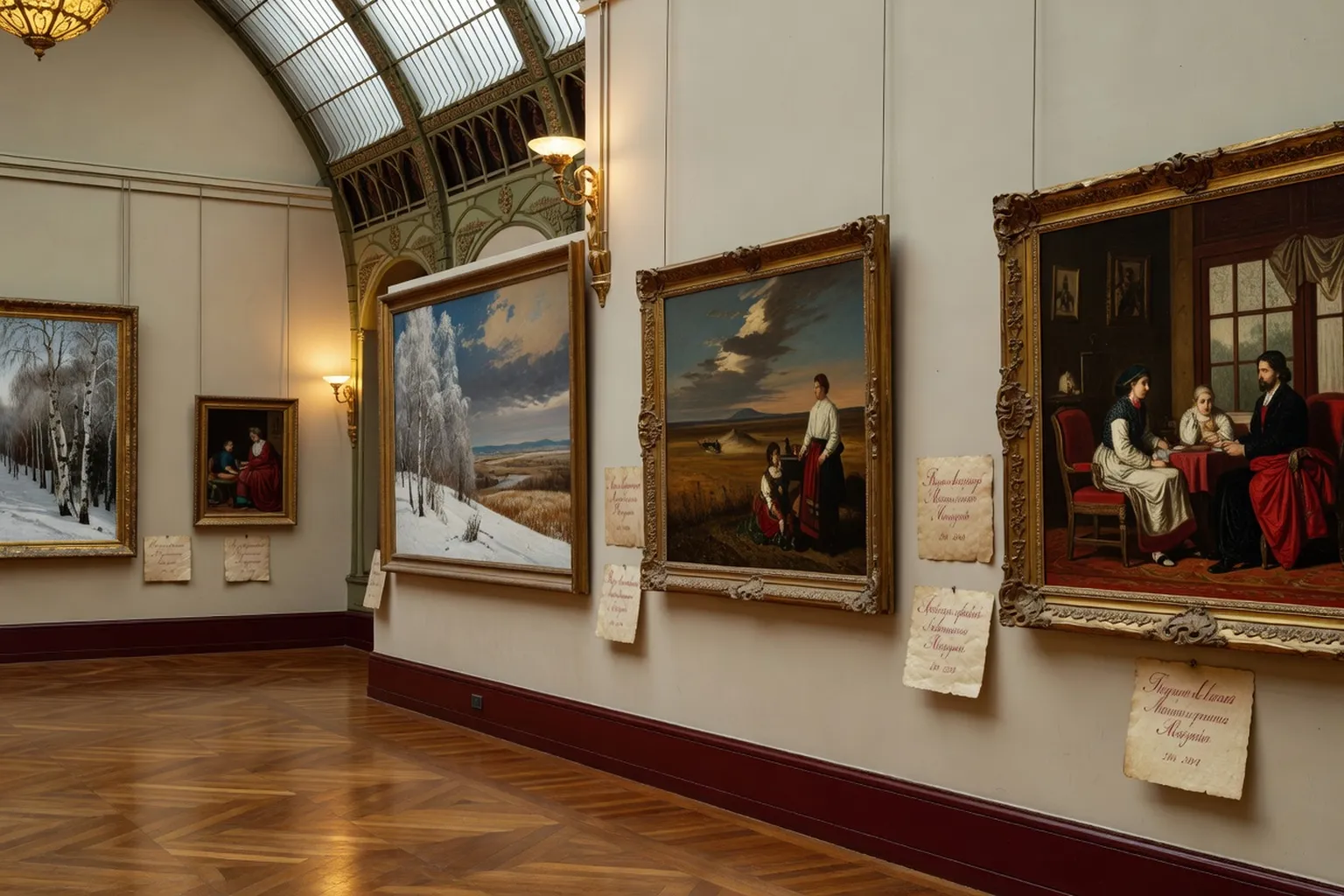 Salle d'exposition de grand musée parisien avec accrochages de peintures russes, parquet, cartels muraux