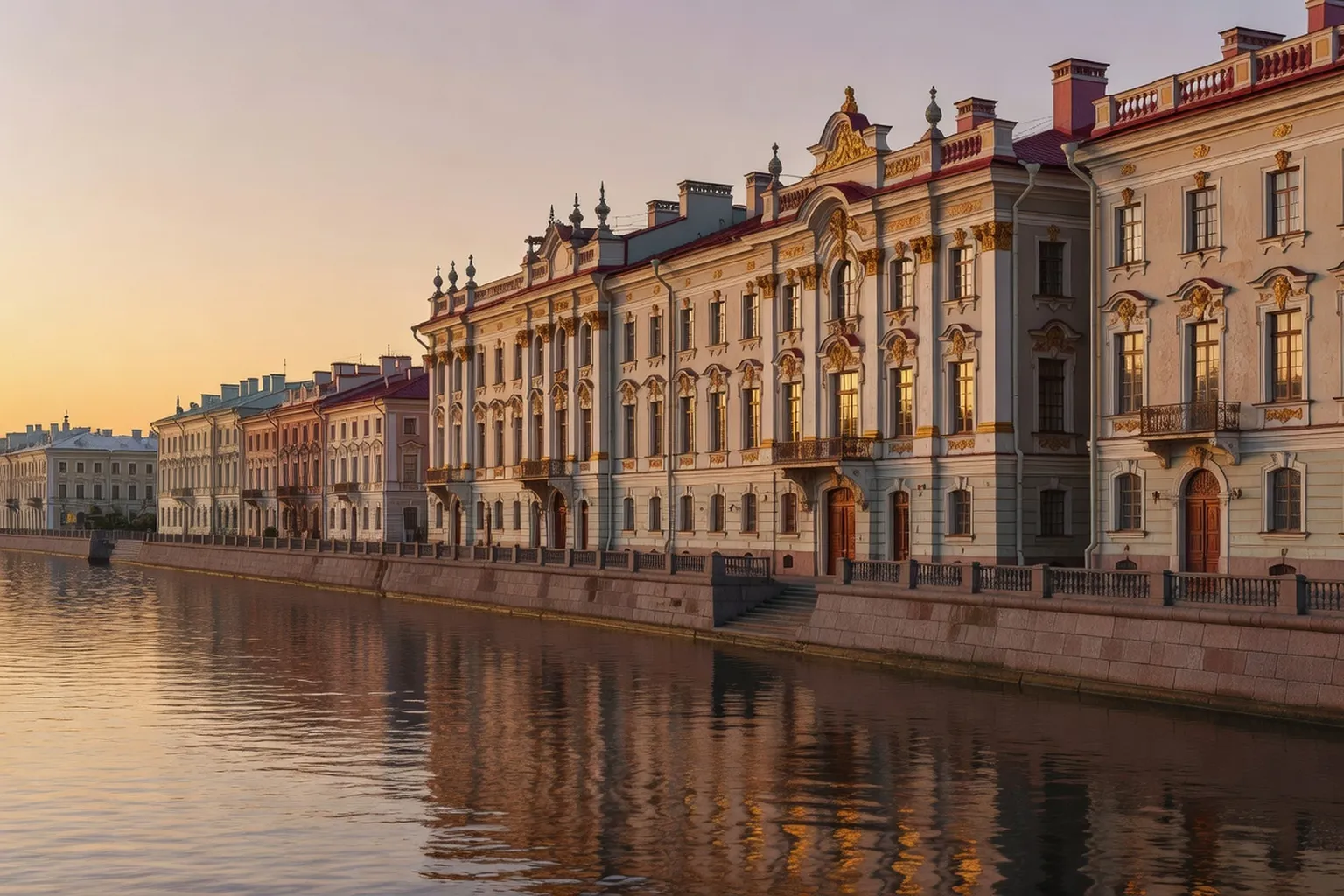 Vue de Saint-Pétersbourg au crépuscule, façades pastel sur la Neva, lumière dorée